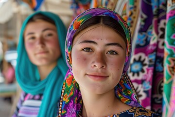 Youth of Kyrgyzstan. Two Kyrgyz women wearing headscarves posing among textile. Central Asia. Eastern motifs. Ethnos. Weaving. Young Kyrgyz lady wearing national dress and headwear. Uzbek ethnicity - obrazy, fototapety, plakaty