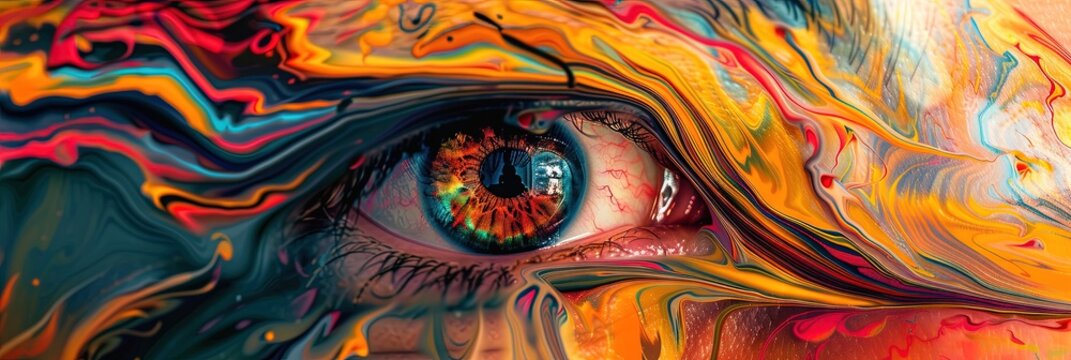 Closeup of a colorful eye with melting colors - makeup and beauty concept