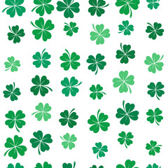 St Patrick four leaves clover illustration seamless pattern. Lucky Irish shamrock transparent texture design template.