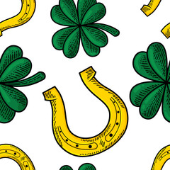 St Patrick green four leaves clover golden horseshoe leprechaun cylinder hat illustration seamless pattern. Lucky Irish shamrock saint patrick day transparent texture design template