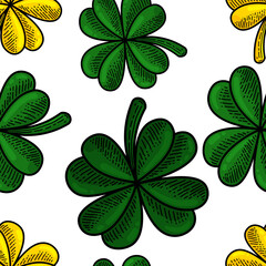 St Patrick four leaves clover illustration seamless pattern. Lucky Irish shamrock transparent texture design template.