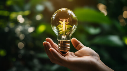 Hand holding light bulb against nature on green leaf with icons energy sources for renewable, sustainable development. Ecology concept. Elements of this image furnished. 