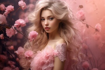 Pink delicate romantic woman. Spring beauty. Generate Ai