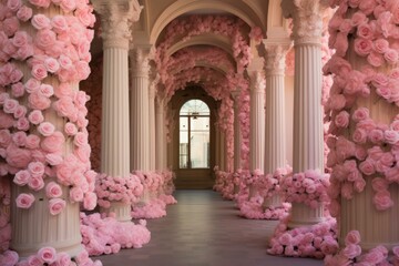 Fragrant Pink roses column. Pink plant decoration. Generate Ai - obrazy, fototapety, plakaty