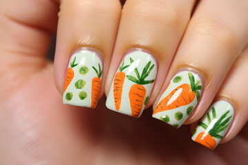 Woman's fingernails with seasonal Easter nail art design with carrots