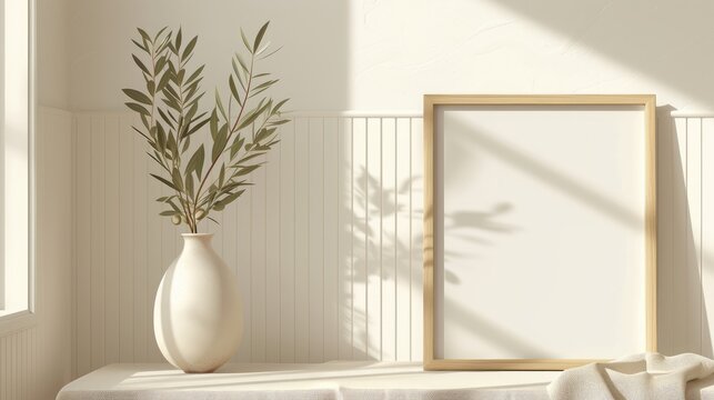 Bright room with blank wooden picture frame near white vase olive tree and white table cloth on white wall paneling background
