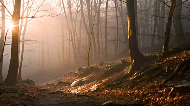 Abstract animation of deep forest. Silence, loneliness, abandonment, mystery, impenetrability, morning, dew, smoke, rain, humidity, haze, dampness, visibility. Generated by AI.