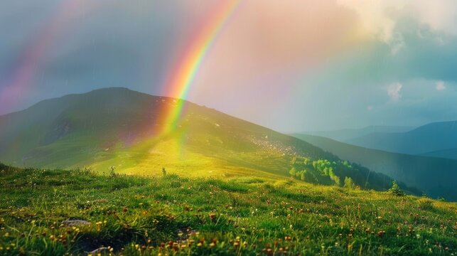Rainbow over lush green hillside under rainy skies.