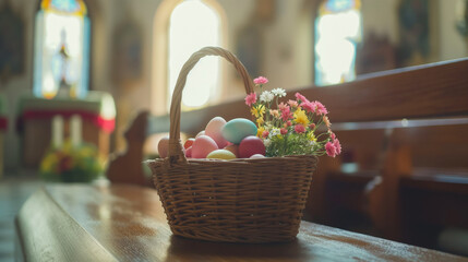 Fototapeta na wymiar Christian Easter Celebration: Colorful Easter Eggs in Woven Basket with Bouquet of Flowers Inside Church, Illuminated by Morning Light, Church Decor in Bokeh Background