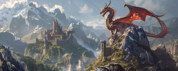 An ancient dragon perched atop a rugged mountain, guarding a castle where wizards and elves convene to discuss peace - obrazy, fototapety, plakaty