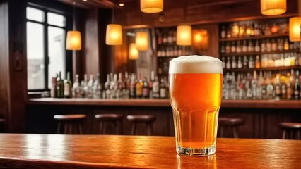Beer glass on bar counter with frothy pint, isolated Cold ale in a mug on a table at a pub Refreshing golden liquid in a dark restaurant, closeup shot - obrazy, fototapety, plakaty