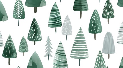 A minimalist Scandinavian-inspired pattern with simple, clean lines depicting abstract pine trees in shades of green and grey on a crisp white background. The design is balanced - obrazy, fototapety, plakaty