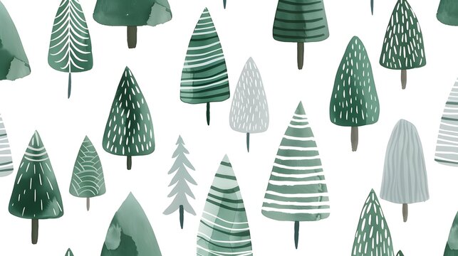 A minimalist Scandinavian-inspired pattern with simple, clean lines depicting abstract pine trees in shades of green and grey on a crisp white background. The design is balanced