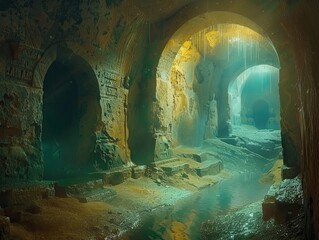Explorers discovering hidden chambers in underworld archaeology sites, illuminating secrets of ancient civilizations - obrazy, fototapety, plakaty