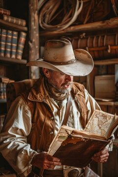 A lost cowboy discovering a hidden treasure map inside an old journal