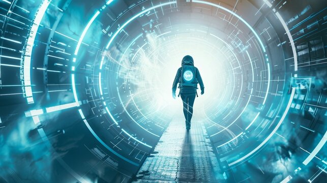 A time traveler stepping out of a sleek futuristic portal adorned in sci fi gear against a backdrop of a distorted time space continuum