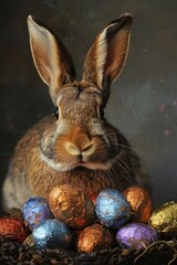 Fototapeta na wymiar Real rabbit with colorful Easter eggs in basket. Easter celebration and springtime concept