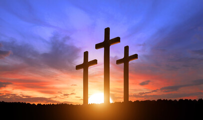 Crucifixion of Jesus Christ. Cross at sunset.
