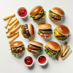 Assorted Hamburgers and Fries With Ketchup