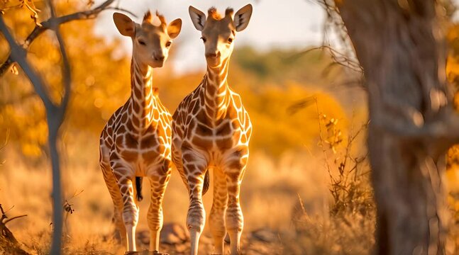 Abstract animation of two giraffes. Neck, spots, Africa, animal, zoo, spot, height, long, savanna, herbivore, horns, desert. Generated by AI.