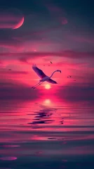 Wandcirkels Paars Neon flamingo soaring across a neon painted sunset  © Virtual Art Studio