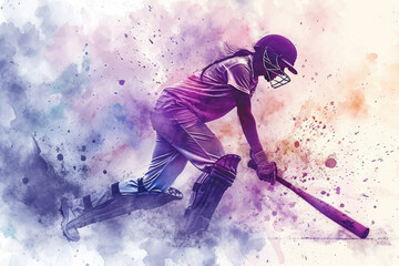 Cricket player in action, woman purple watercolor with copy space