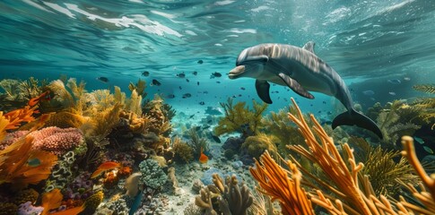 Dolphin Swimming Over Colorful Coral Reef