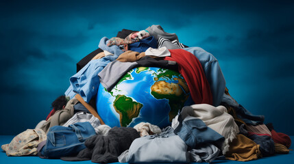 Concept problem Planet Earth is littered with bunch of disposable clothes, global pollution textile lying in heap.