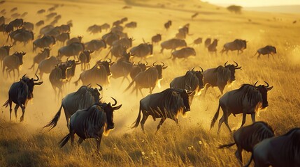 Witnessing the migration of wildebeest across the plains of Africa - obrazy, fototapety, plakaty