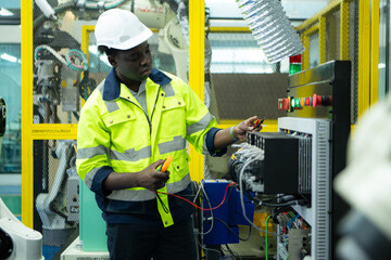 Portrait of a technician working with a digital multimeter to test the electrical system of a huge circuit board at an industrial plant using an automated hand robot.