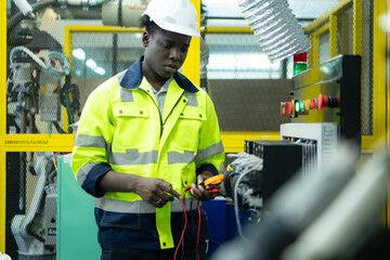 Portrait of a technician working with a digital multimeter to test the electrical system of a huge...