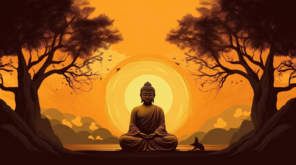 Serene Buddha silhouette against vibrant sunset, symbolizing peace and enlightenment - obrazy, fototapety, plakaty
