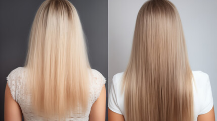 Naklejka premium Blonde Hair before and after treatment, sick, cut and healthy hair