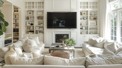 White Furniture Living Room With Flat Screen TV