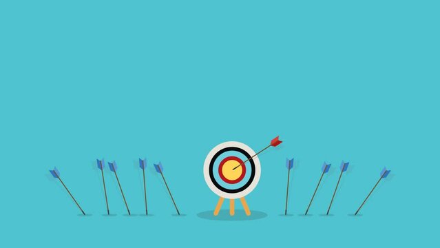 Business challenge failure and success concept. Blue arrows missed hitting target and only red one hits the center. Target and arrows.