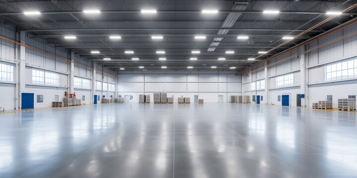 Banner panorama Expansive warehouse with empty shelves and a glossy floor.
