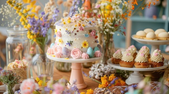 Spring-themed cake decorated with edible flowers and Easter eggs on a dessert table.