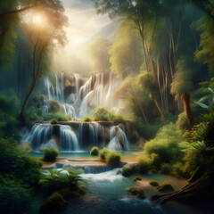 Waterfall surrounded by Beautiful Nature, lush vegetation