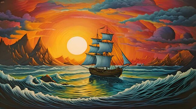 Abstract animation of a sailing ship at sunset. Sail, sea, stern, ocean, captain, ship, pirate, mast, wind, deck, torpedo, voyage, helm, anchor, sailor, calm. Generated by AI.