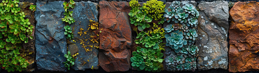 Row of Different Colored Rocks With Plants - obrazy, fototapety, plakaty
