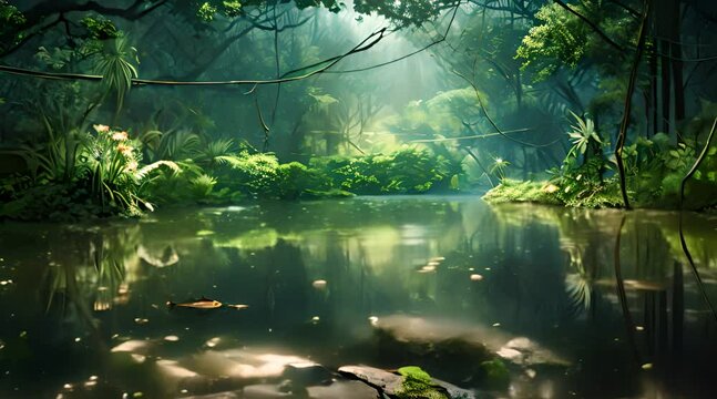 Abstract animation of a view of the swamp. Bog, plants, forest, peat, frogs, water, greenery, nature, pool of algae, jungle. Generated by AI.