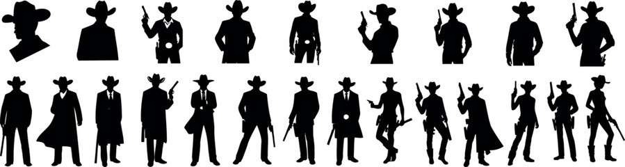 Cowboy, cowgirl silhouette in various poses, ideal for western themed designs, vector illustrations. Perfect for graphic design projects, western style themes, and character outlines - obrazy, fototapety, plakaty