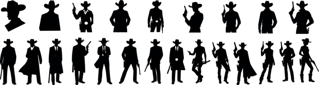 Cowboy, cowgirl silhouette in various poses, ideal for western themed designs, vector illustrations. Perfect for graphic design projects, western style themes, and character outlines