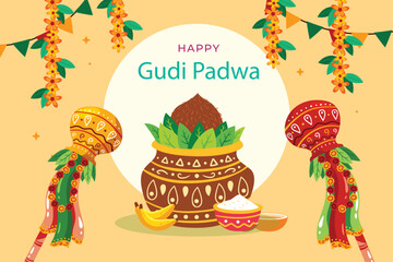 Fototapeta premium decorated background of happy Gudi Padwa celebration of India. vector illustration design