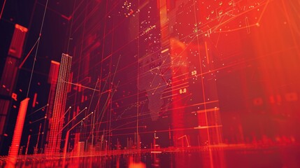 Digital financial analytics display with glowing red graphs and world map.