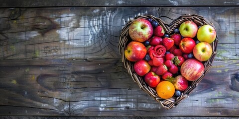 Different type of fruit in wooden heart basket top view 