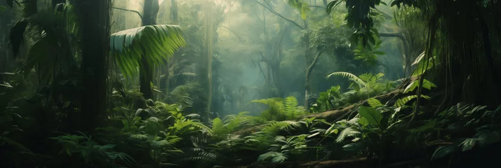 Poster Sunlight filters through dense jungle, illuminating natural path. Panorama fantasy backdrop, Realistic nature rainforest. © Adin