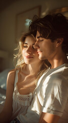 peaceful young couple in their 20s, waking up in a sunlit bedroom