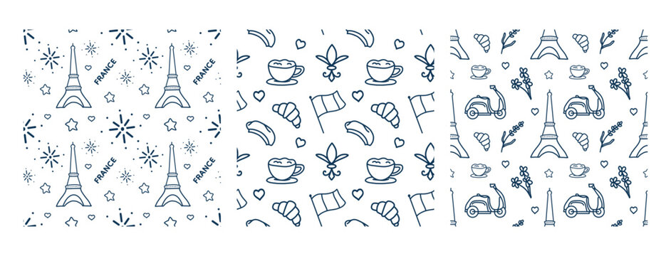 Set seamless pattern of symbols Paris. Travel  doodle Line Art vector Illustration. Hand Drawn.  For  background, card, invitation, pattern, social media. Isolated on white background.