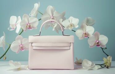 Elegant Pink Handbag Flanked by White Orchids on a Soft Blue Background